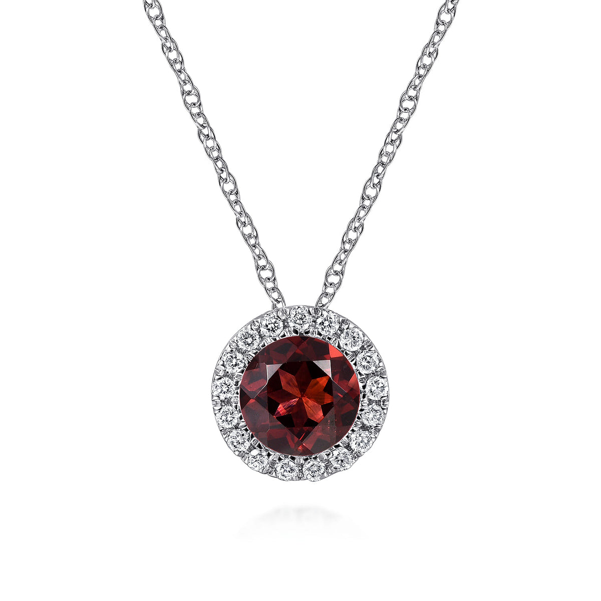 14K White Gold Garnet and Diamond Halo Pendant Necklace — Gabriel & Co. NK2824W45GN