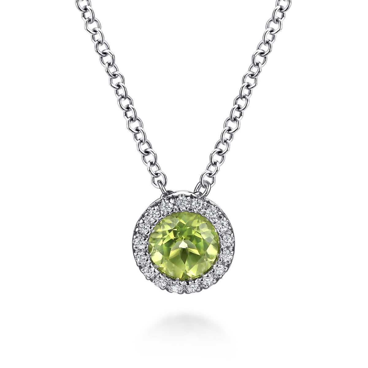 14K White Gold Peridot and Diamond Halo Pendant Necklace — Gabriel & Co. NK2824W45PE