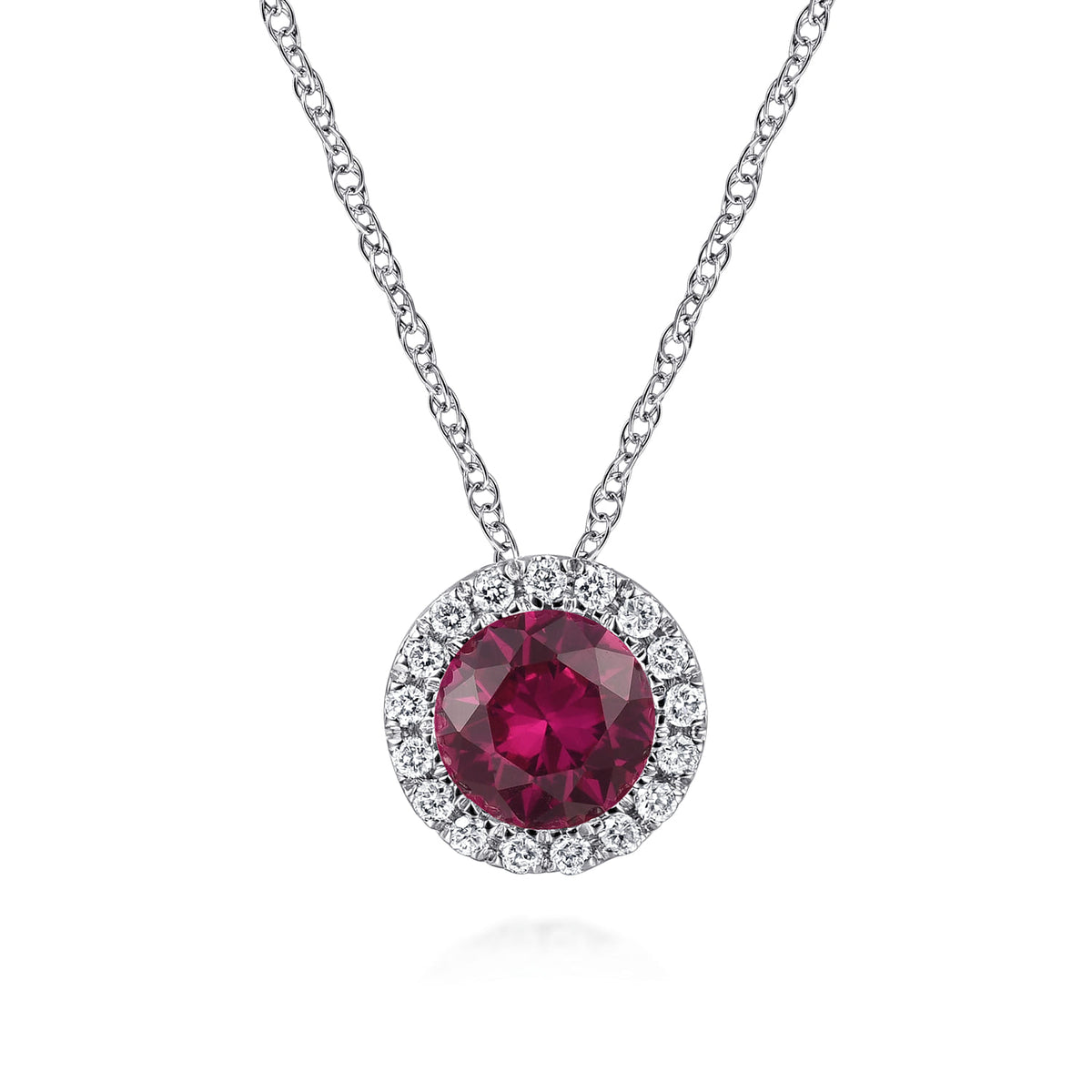 14K White Gold Ruby and Diamond Halo Pendant Necklace — Gabriel & Co. NK2824W45RA