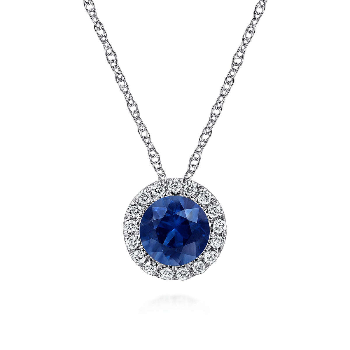 14K White Gold Sapphire and Diamond Halo Pendant Necklace — Gabriel & Co. NK2824W45SA
