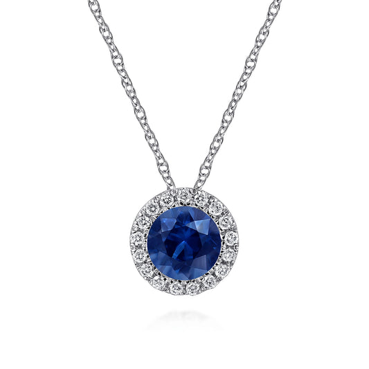 14K White Gold Sapphire and Diamond Halo Pendant Necklace — Gabriel & Co. NK2824W45SA