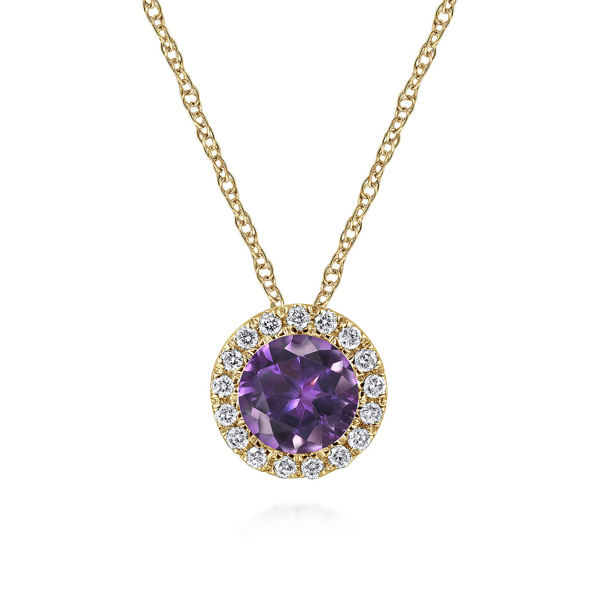14K Yellow Gold Amethyst and Diamond Halo Pendant Necklace — Gabriel & Co. NK2824Y45AM