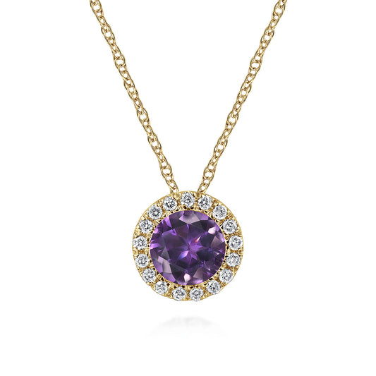 14K Yellow Gold Amethyst and Diamond Halo Pendant Necklace — Gabriel & Co. NK2824Y45AM