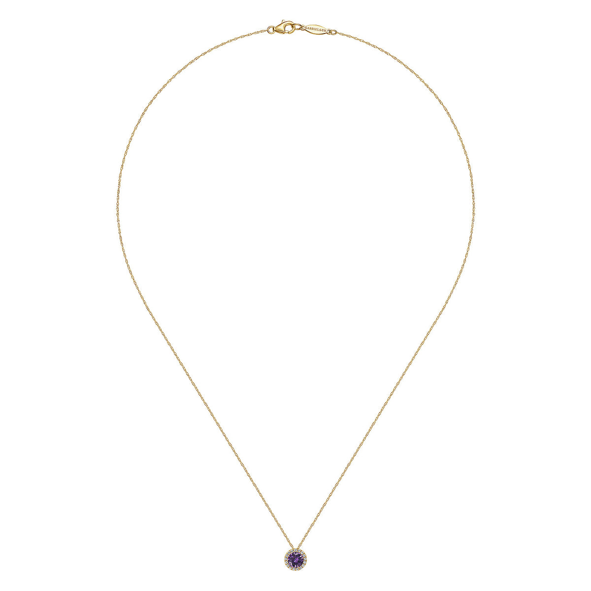 14K Yellow Gold Amethyst and Diamond Halo Pendant Necklace — Gabriel & Co. NK2824Y45AM