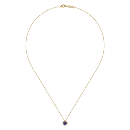 14K Yellow Gold Amethyst and Diamond Halo Pendant Necklace — Gabriel & Co. NK2824Y45AM
