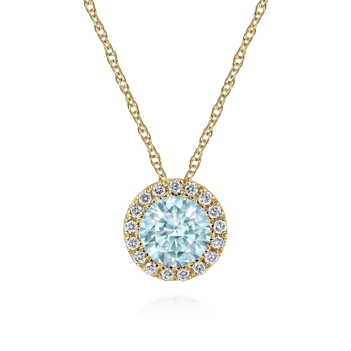 14K Yellow Gold Aquamarine and Diamond Halo Pendant Necklace — Gabriel & Co. NK2824Y45AQ