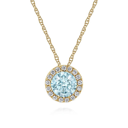 14K Yellow Gold Aquamarine and Diamond Halo Pendant Necklace — Gabriel & Co. NK2824Y45AQ