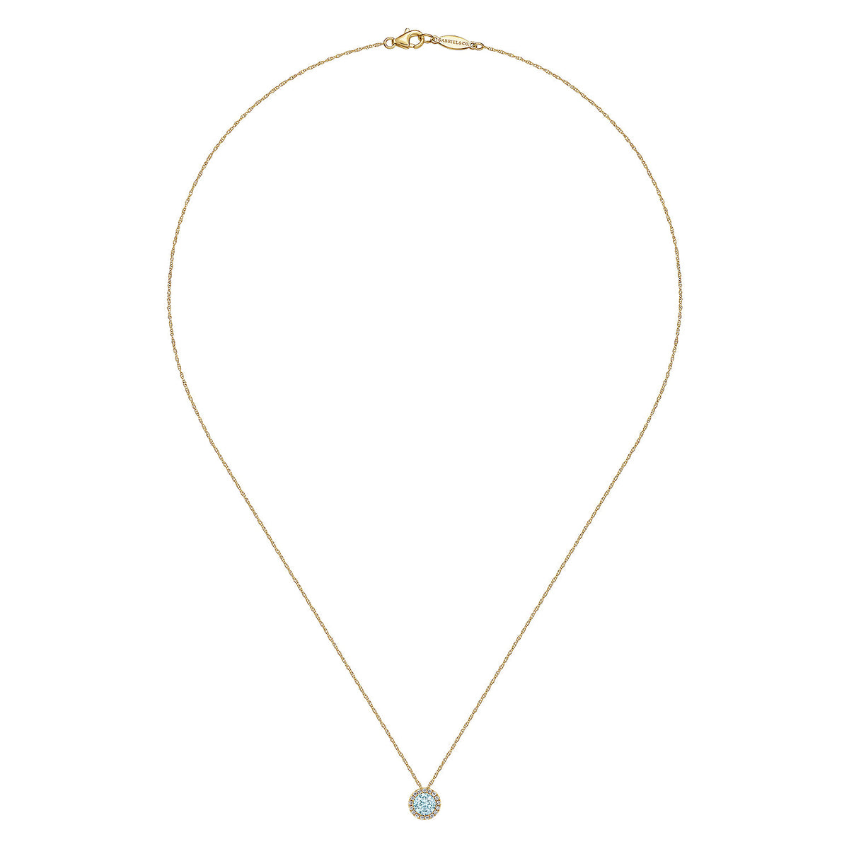 14K Yellow Gold Aquamarine and Diamond Halo Pendant Necklace — Gabriel & Co. NK2824Y45AQ