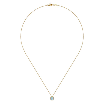 14K Yellow Gold Aquamarine and Diamond Halo Pendant Necklace — Gabriel & Co. NK2824Y45AQ