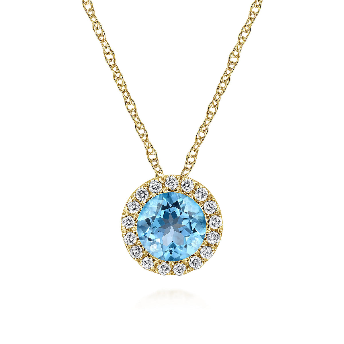 14K Yellow Gold Round Swiss Blue Topaz and Diamond Halo Pendant Necklace — Gabriel & Co. NK2824Y45BT