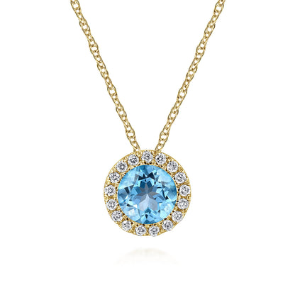 14K Yellow Gold Round Swiss Blue Topaz and Diamond Halo Pendant Necklace — Gabriel & Co. NK2824Y45BT