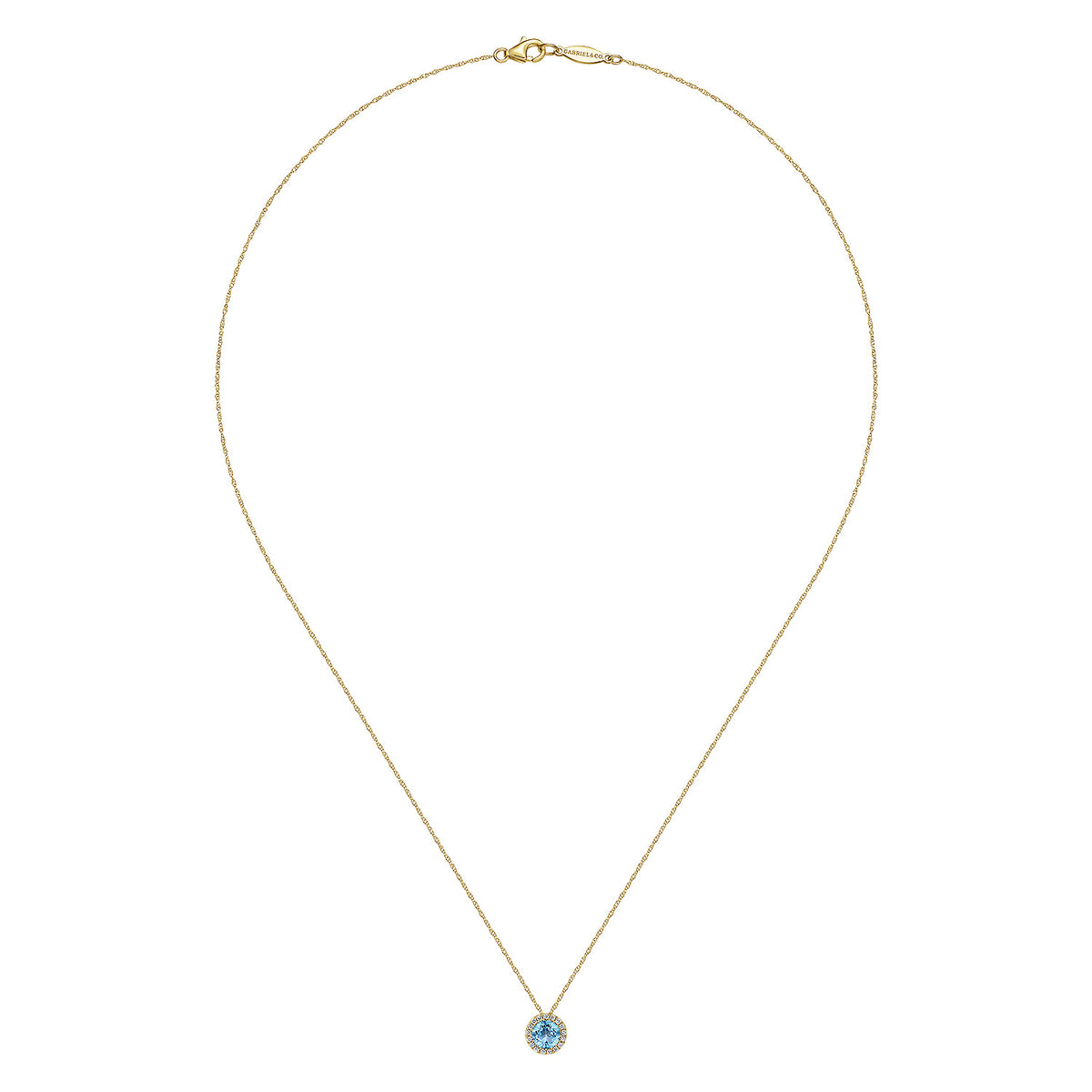 14K Yellow Gold Round Swiss Blue Topaz and Diamond Halo Pendant Necklace — Gabriel & Co. NK2824Y45BT