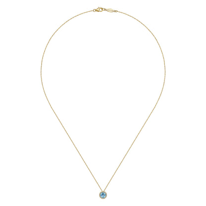 14K Yellow Gold Round Swiss Blue Topaz and Diamond Halo Pendant Necklace — Gabriel & Co. NK2824Y45BT
