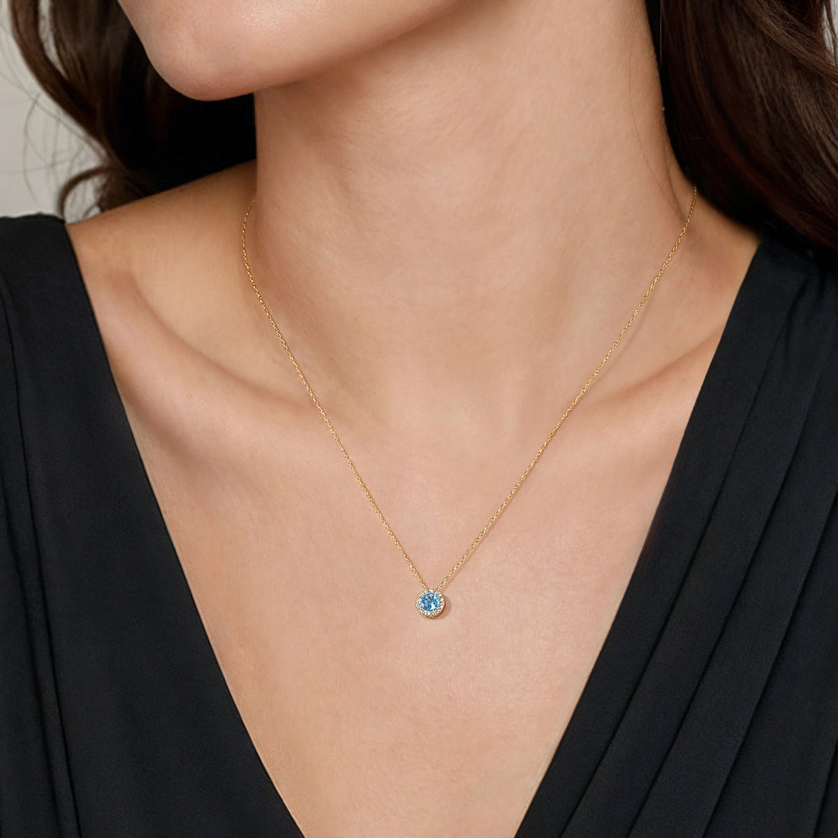 14K Yellow Gold Round Swiss Blue Topaz and Diamond Halo Pendant Necklace — Gabriel & Co. NK2824Y45BT