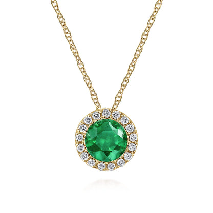 14K Yellow Gold Emerald and Diamond Halo Pendant Necklace — Gabriel & Co. NK2824Y45EA