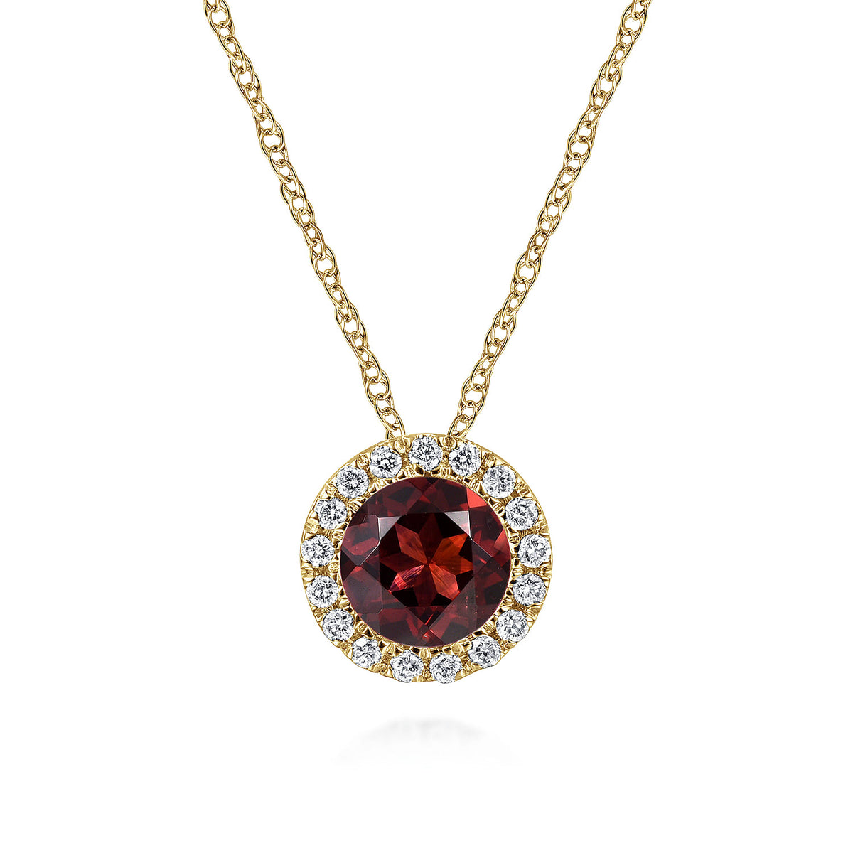 14K Yellow Gold Garnet and Diamond Halo Pendant Necklace — Gabriel & Co. NK2824Y45GN