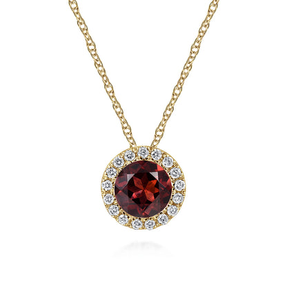 14K Yellow Gold Garnet and Diamond Halo Pendant Necklace — Gabriel & Co. NK2824Y45GN