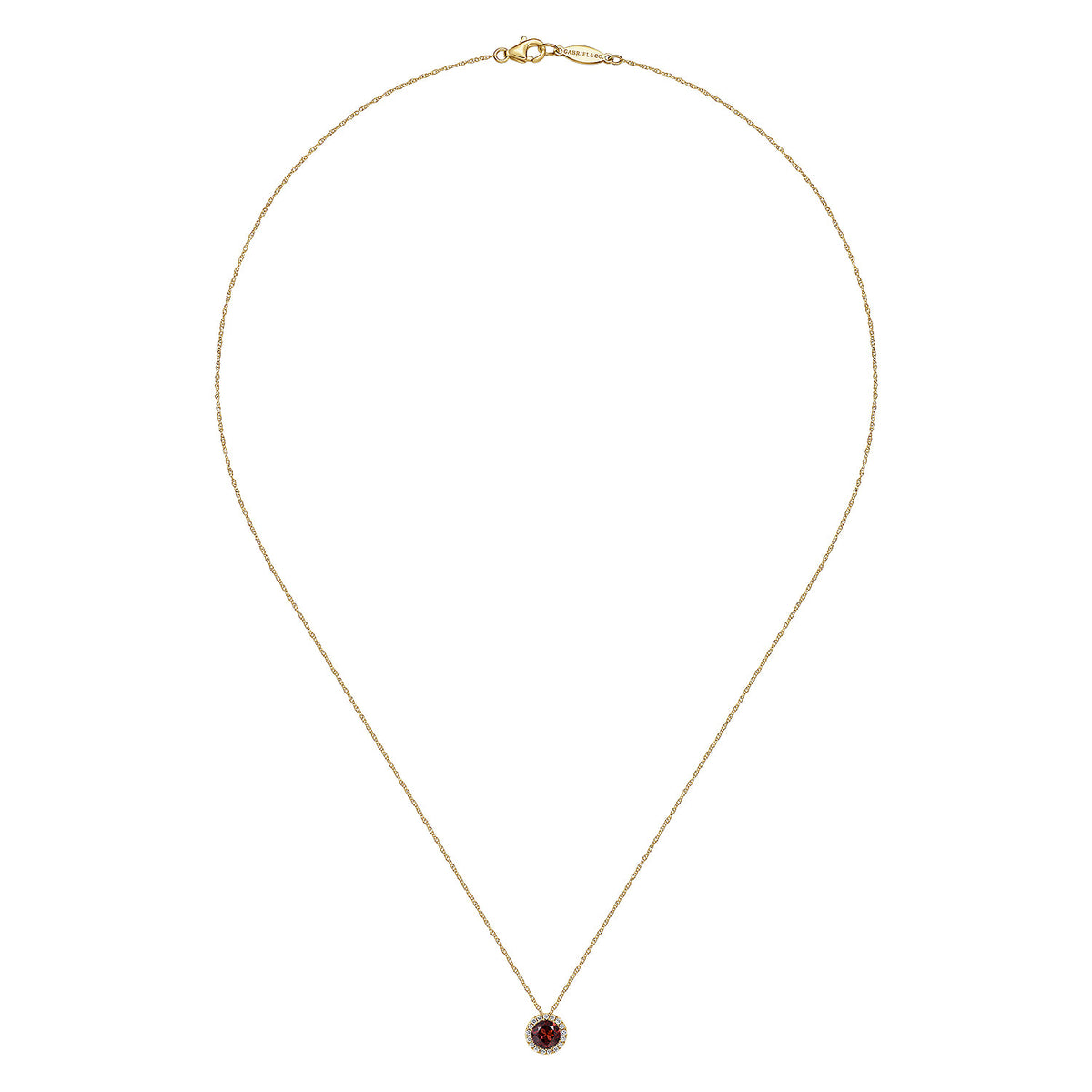 14K Yellow Gold Garnet and Diamond Halo Pendant Necklace — Gabriel & Co. NK2824Y45GN