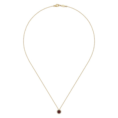 14K Yellow Gold Garnet and Diamond Halo Pendant Necklace — Gabriel & Co. NK2824Y45GN