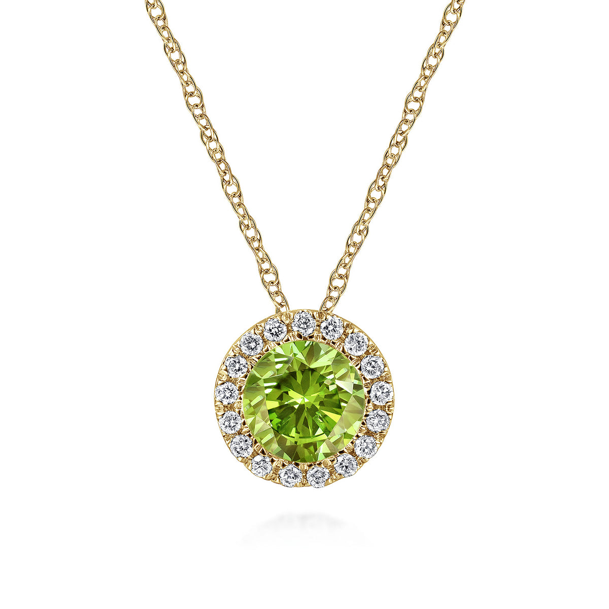 14K Yellow Gold Peridot and Diamond Halo Pendant Necklace — Gabriel & Co. NK2824Y45PE