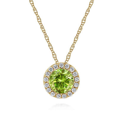 14K Yellow Gold Peridot and Diamond Halo Pendant Necklace — Gabriel & Co. NK2824Y45PE