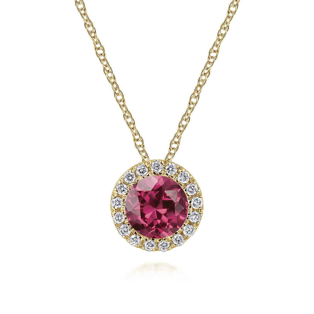 14k Yellow Gold Round Cut Diamond Halo & Pink Tourmaline Pendant Necklace — Gabriel & Co. NK2824Y45PT