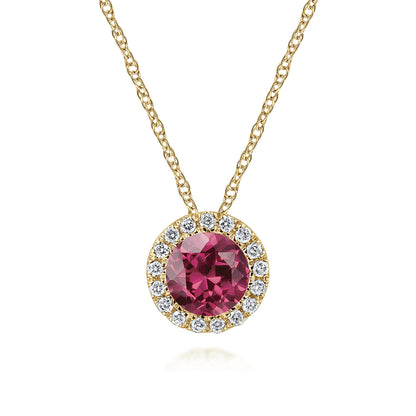 14k Yellow Gold Round Cut Diamond Halo & Pink Tourmaline Pendant Necklace — Gabriel & Co. NK2824Y45PT