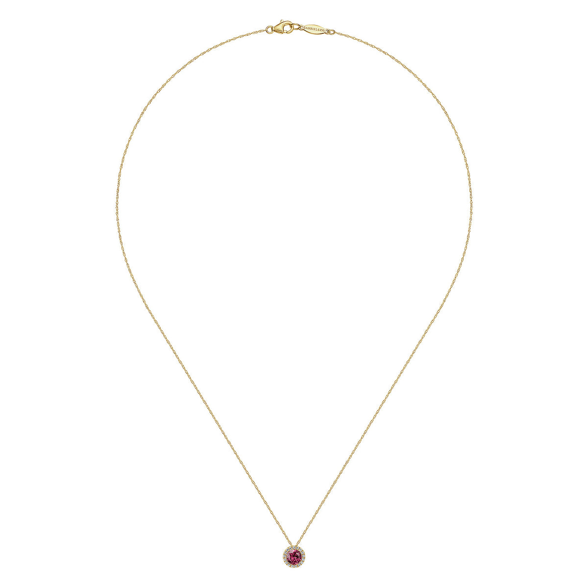 14k Yellow Gold Round Cut Diamond Halo & Pink Tourmaline Pendant Necklace — Gabriel & Co. NK2824Y45PT