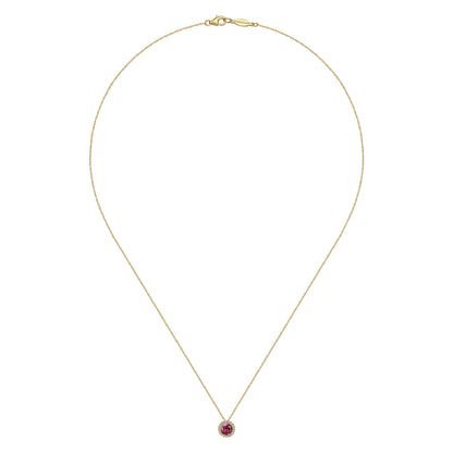 14k Yellow Gold Round Cut Diamond Halo & Pink Tourmaline Pendant Necklace — Gabriel & Co. NK2824Y45PT