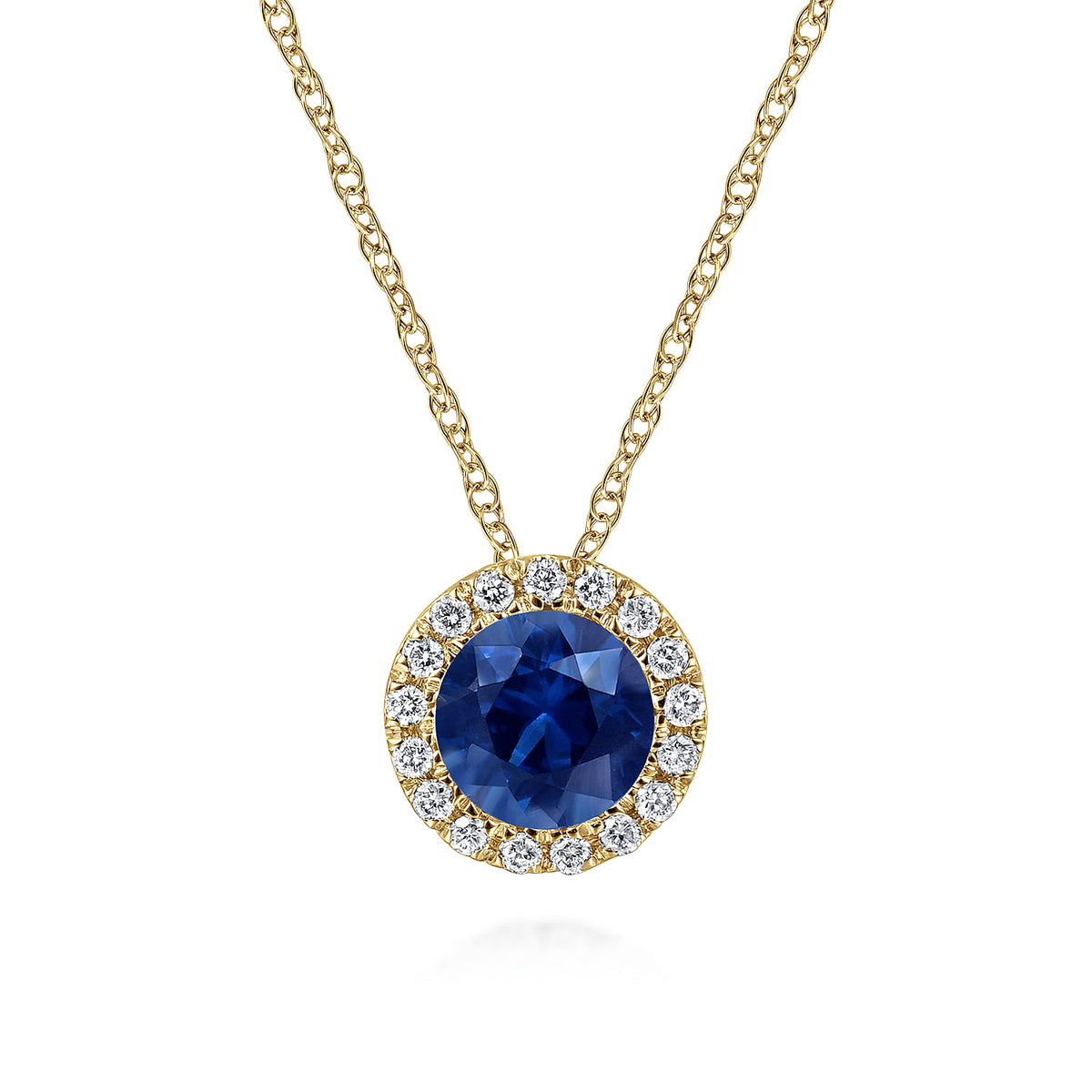 14K Yellow Gold Blue Sapphire and Diamond Halo Pendant Necklace — Gabriel & Co. NK2824Y45SA