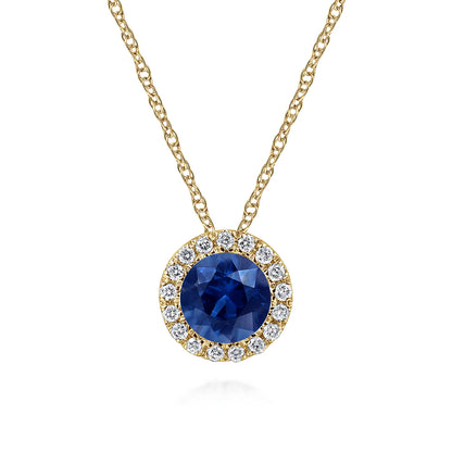 14K Yellow Gold Blue Sapphire and Diamond Halo Pendant Necklace — Gabriel & Co. NK2824Y45SA