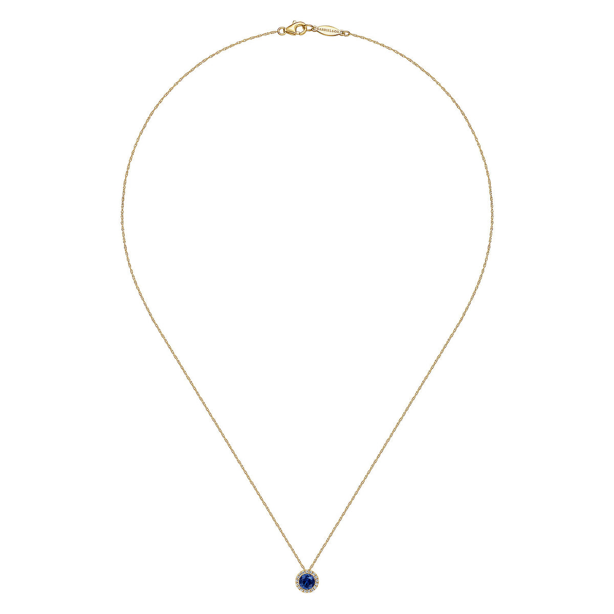 14K Yellow Gold Blue Sapphire and Diamond Halo Pendant Necklace — Gabriel & Co. NK2824Y45SA