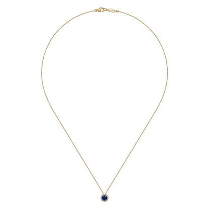 14K Yellow Gold Blue Sapphire and Diamond Halo Pendant Necklace — Gabriel & Co. NK2824Y45SA