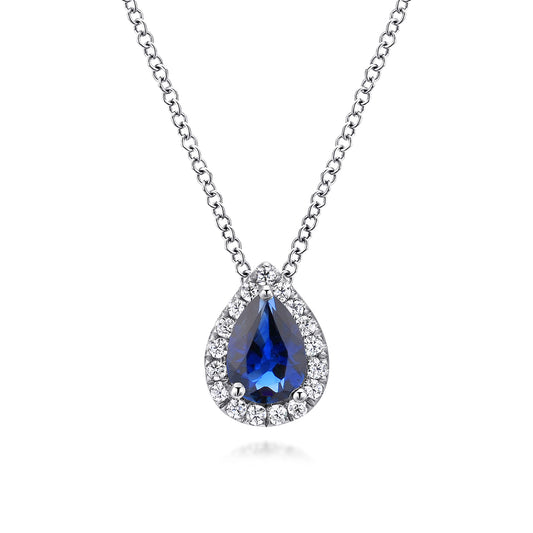 18 inch 14K White Gold Pear Shaped Sapphire and Diamond Halo Pendant Necklace — Gabriel & Co. NK3603W45SA