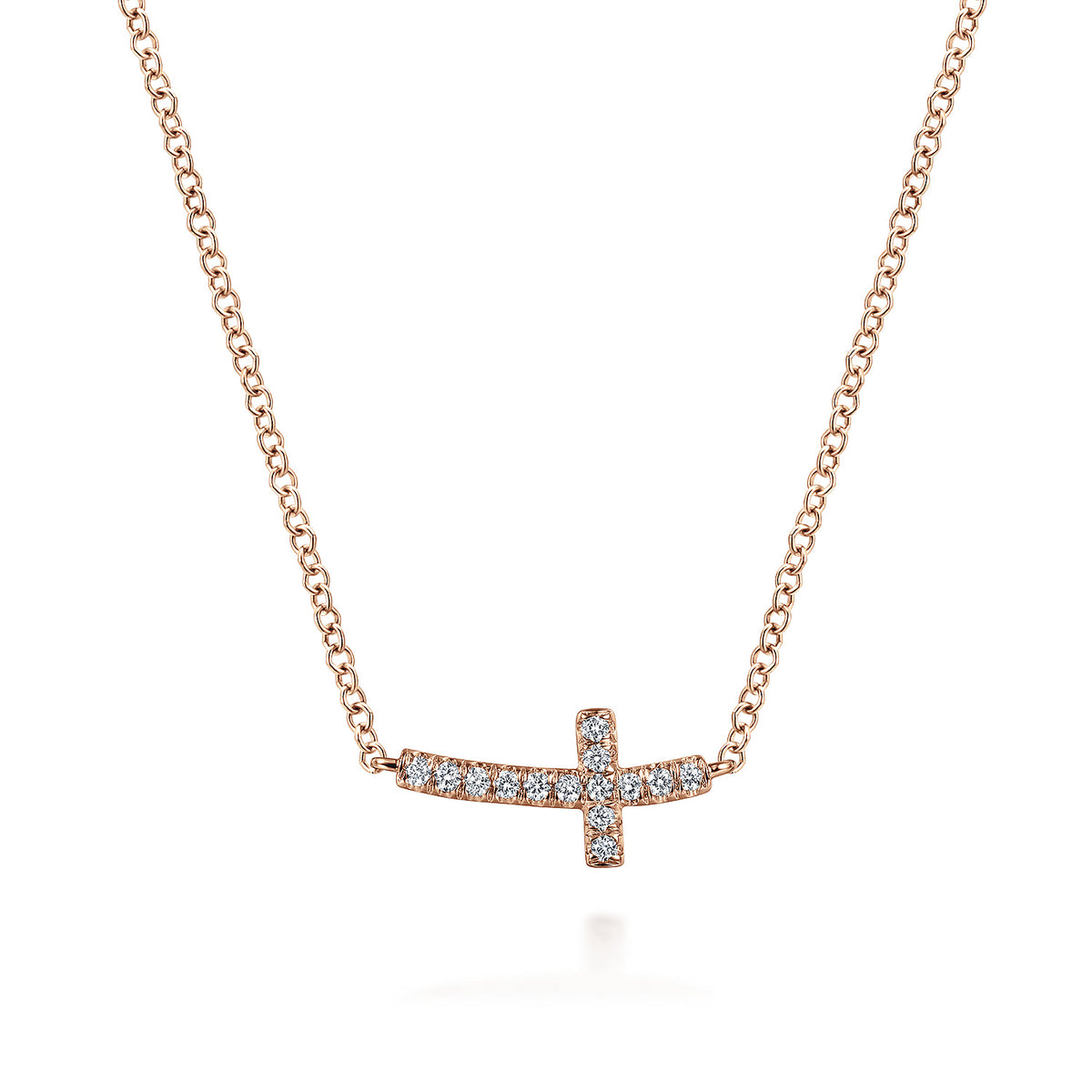 14K Rose Gold Sideways Curved Diamond Cross Necklace — Gabriel & Co. NK4345K45JJ