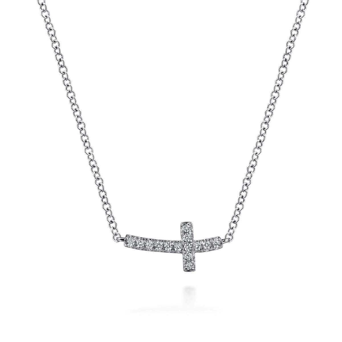 14K White Gold Sideways Curved Diamond Cross Necklace — Gabriel & Co. NK4345W45JJ