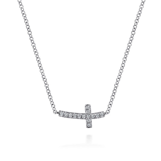 14K White Gold Sideways Curved Diamond Cross Necklace — Gabriel & Co. NK4345W45JJ