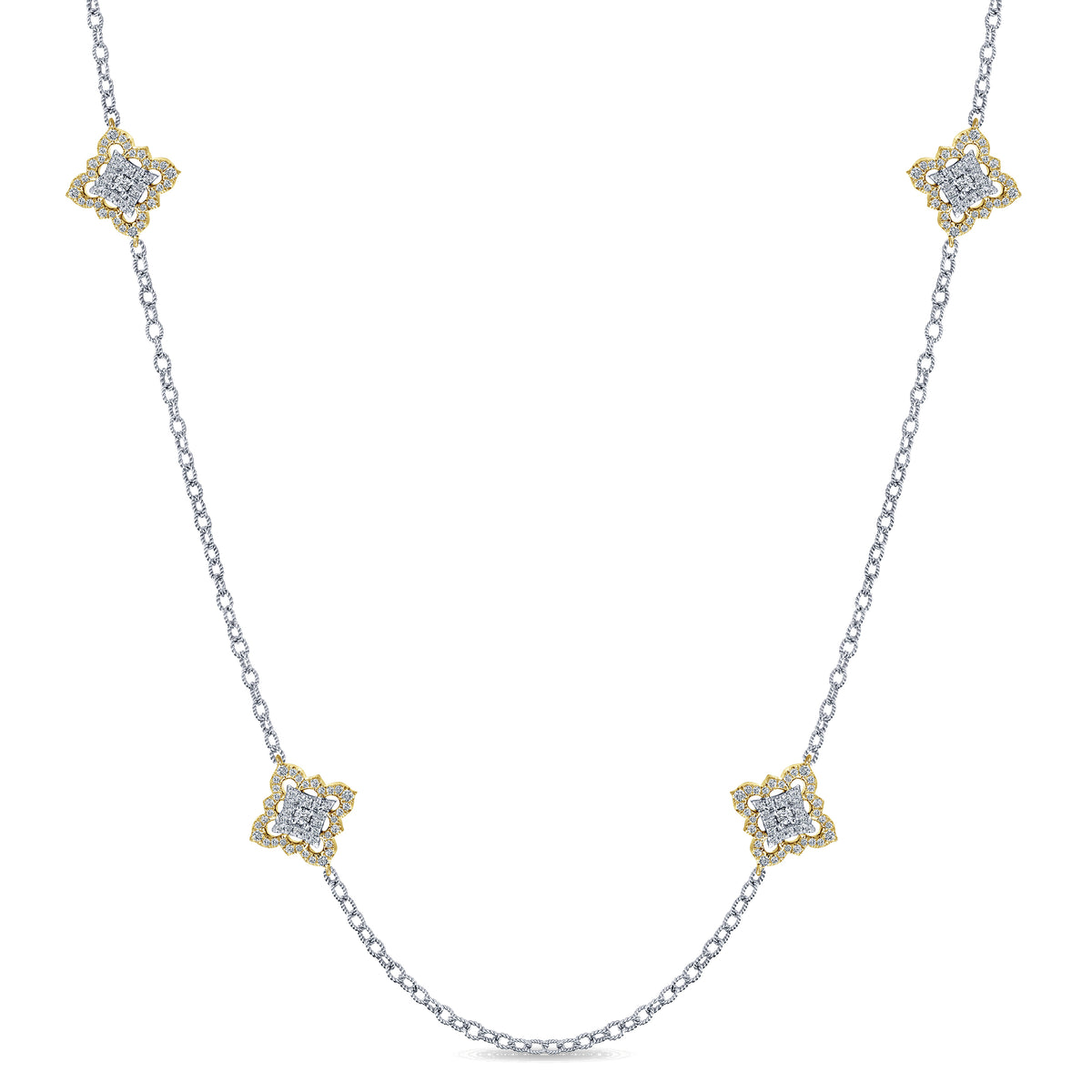 32 inch 18K Yellow and White Gold Filligree and Diamond Station Necklace — Gabriel & Co. NK4403M84JJ