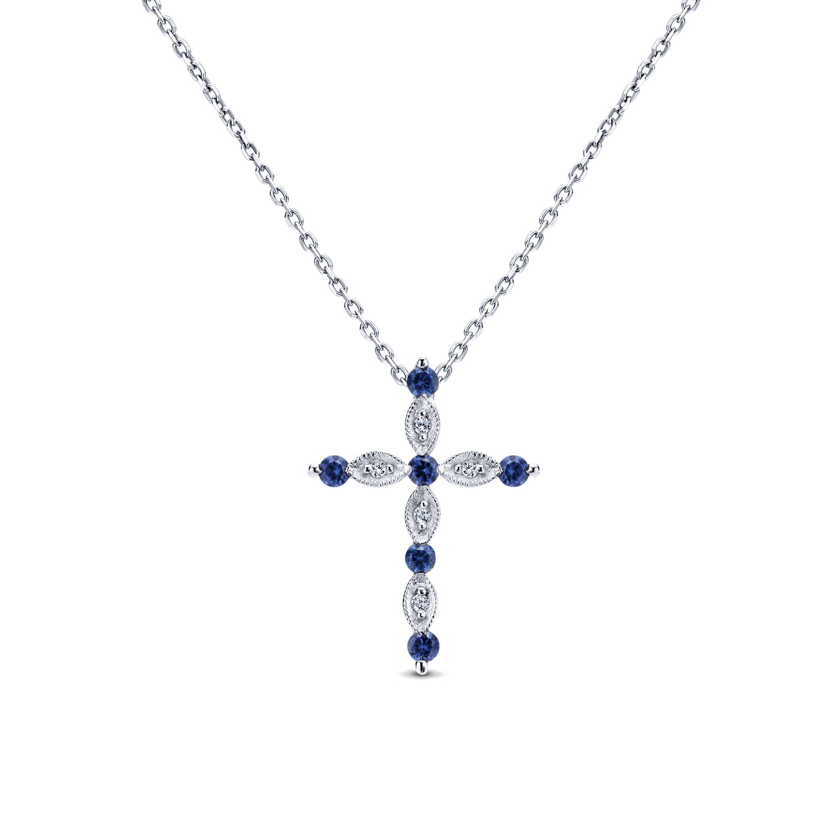 14K White Gold Sapphire and Diamond Cross Pendant Necklace — Gabriel & Co. NK4984W45SA