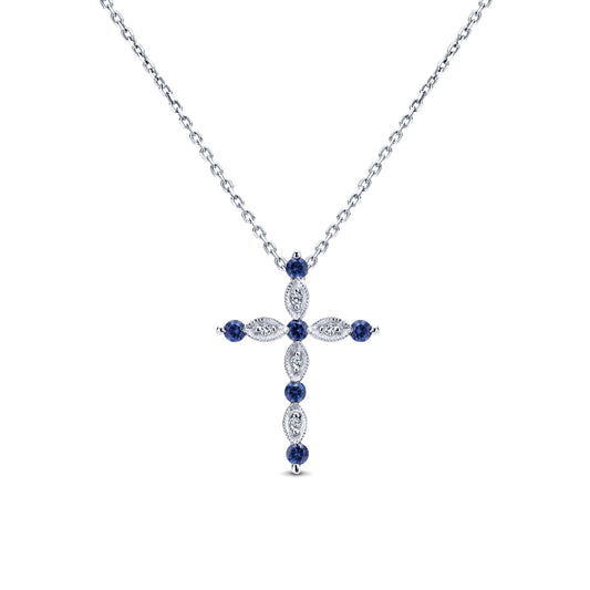 14K White Gold Sapphire and Diamond Cross Pendant Necklace — Gabriel & Co. NK4984W45SA