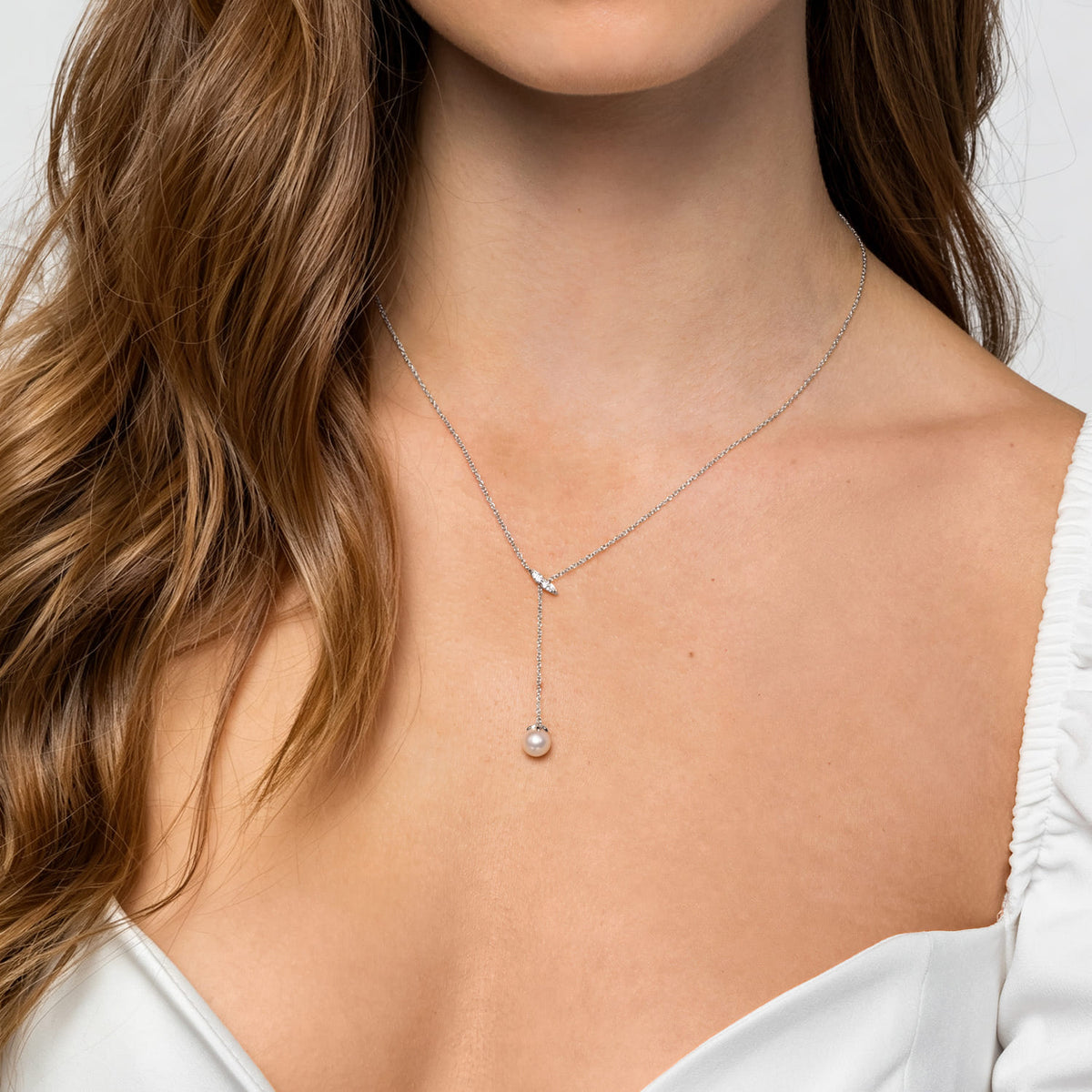 14K White Gold Diamond and Pearl Y Knot Necklace — Gabriel & Co. NK5963W45PL