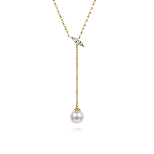 Layered Y Necklace 14K Yellow Gold Diamond and Pearl 0.04ct — Gabriel & Co. NK5963Y45PL