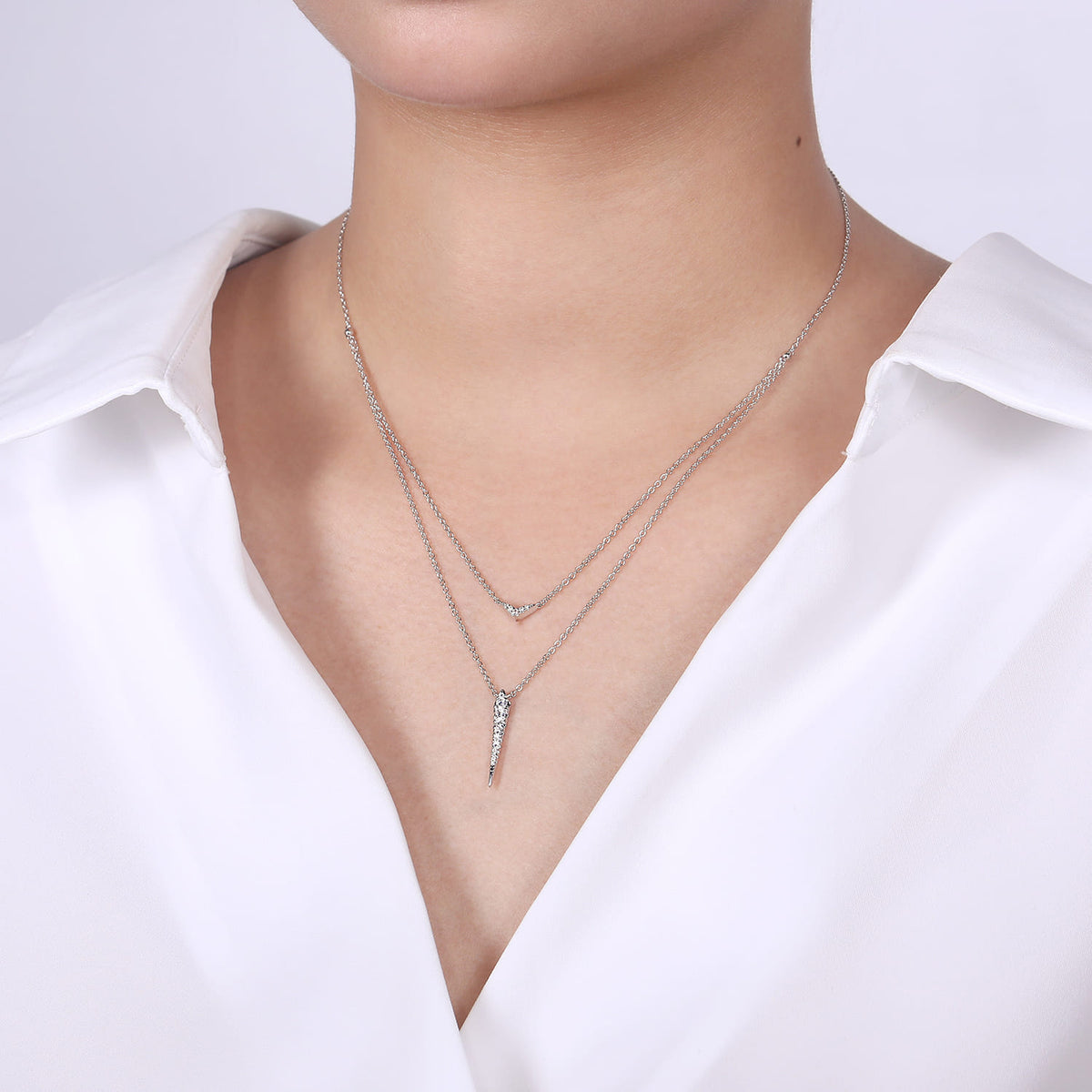14K White Gold Layered Pave Diamond Bar and Spike Pendant Necklace — Gabriel & Co. NK6009W45JJ