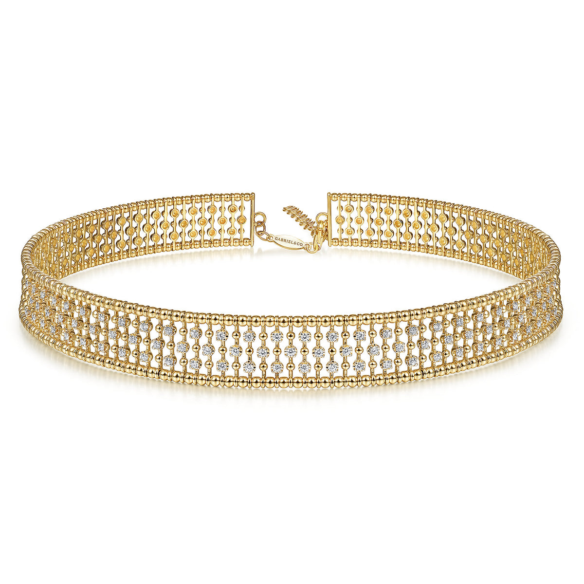 14K Yellow Gold Wide Diamond Station Choker Necklace with Bujukan Beads, 11.5+4 inch — Gabriel & Co. NK6209Y45JJ