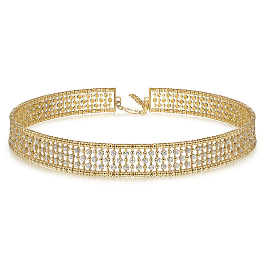 14K Yellow Gold Wide Diamond Station Choker Necklace with Bujukan Beads, 11.5+4 inch — Gabriel & Co. NK6209Y45JJ