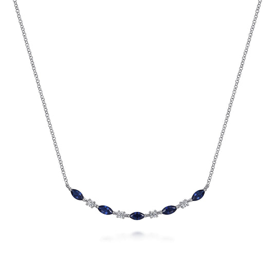 14K White Gold Diamond and Marquise Blue Sapphire Bar Necklace — Gabriel & Co. NK7253W45SA