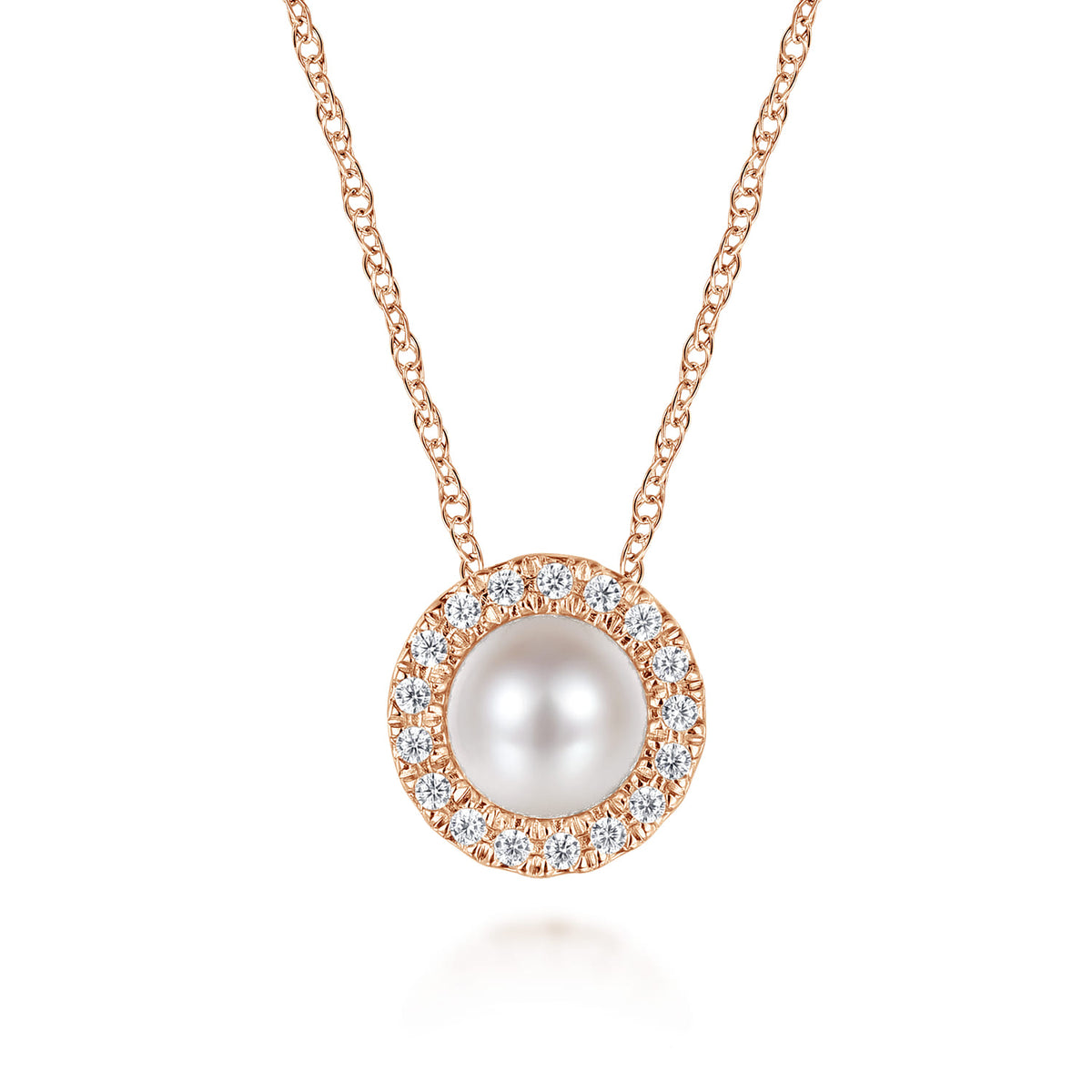 18 Inch 14K Rose Gold Pearl and Diamond Halo Pendant Necklace — Gabriel & Co. NK7268K45PL