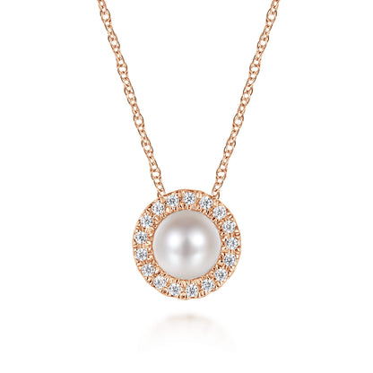 18 Inch 14K Rose Gold Pearl and Diamond Halo Pendant Necklace — Gabriel & Co. NK7268K45PL