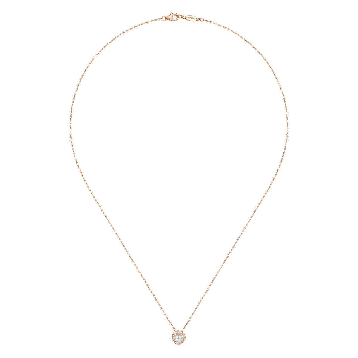 18 Inch 14K Rose Gold Pearl and Diamond Halo Pendant Necklace — Gabriel & Co. NK7268K45PL