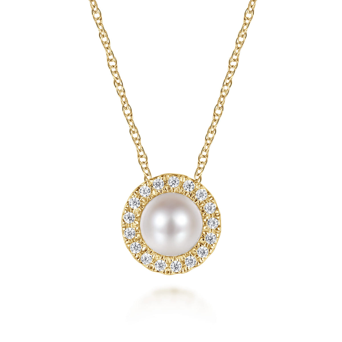 18 Inch 14K Yellow Gold Pearl and Diamond Halo Pendant Necklace — Gabriel & Co. NK7268Y45PL